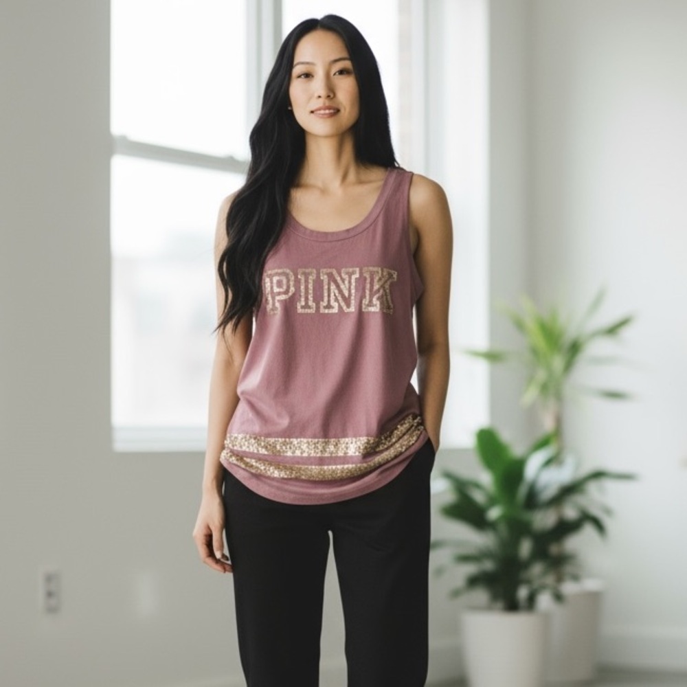 Victoria’s Secret PINK Rose Gold Sequin Tank Top Women’s Sport Bling Activewear